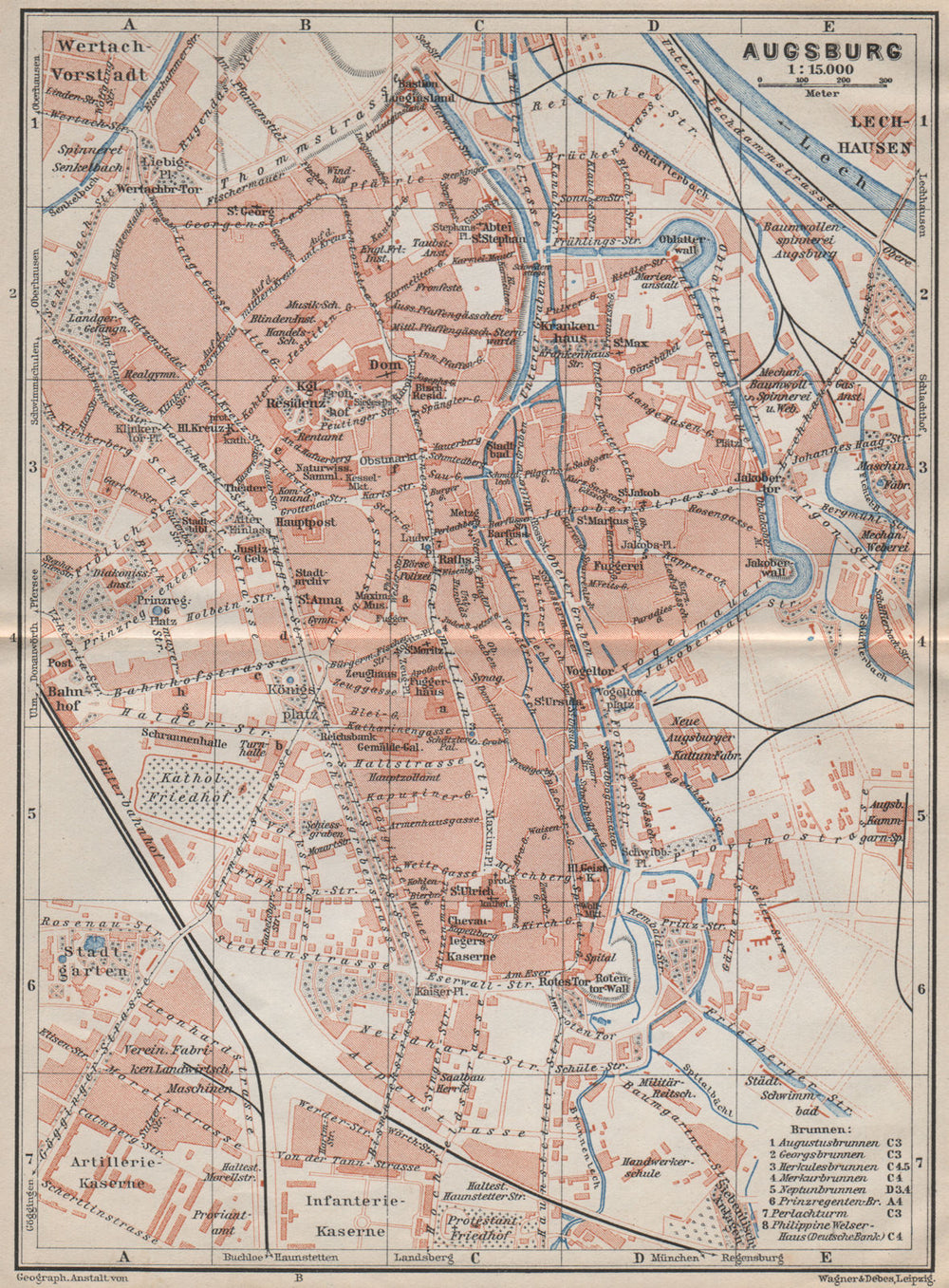 AUGSBURG antique town city stadtplan. Bavaria karte. BAEDEKER 1910 old map