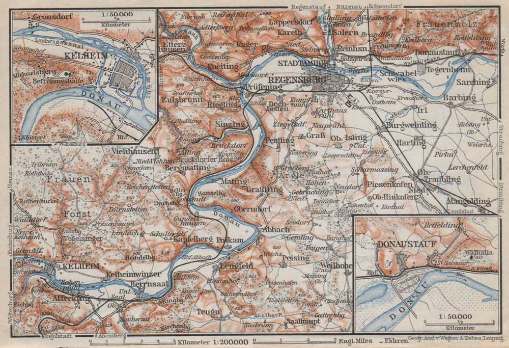 REGENSBURG & environs/umgebung. Kelheim Donaustauf. Ratisbon. Bavaria 1910 map