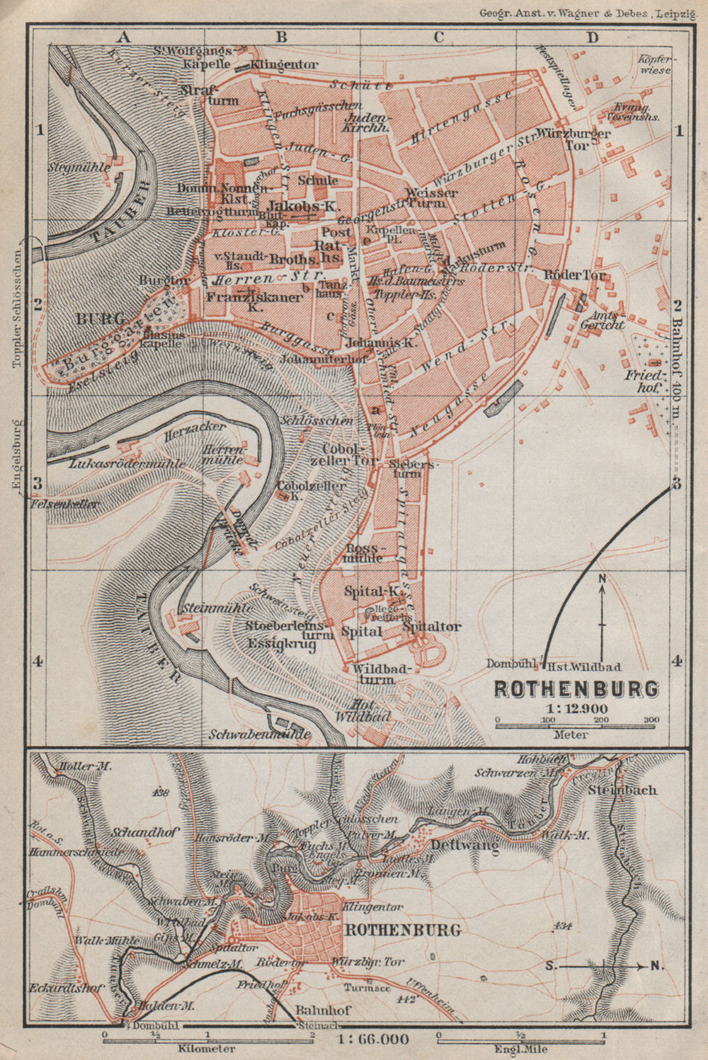 ROTHENBURG OB DER TAUBER town city stadtplan. Bavaria, Deutschland 1910 map
