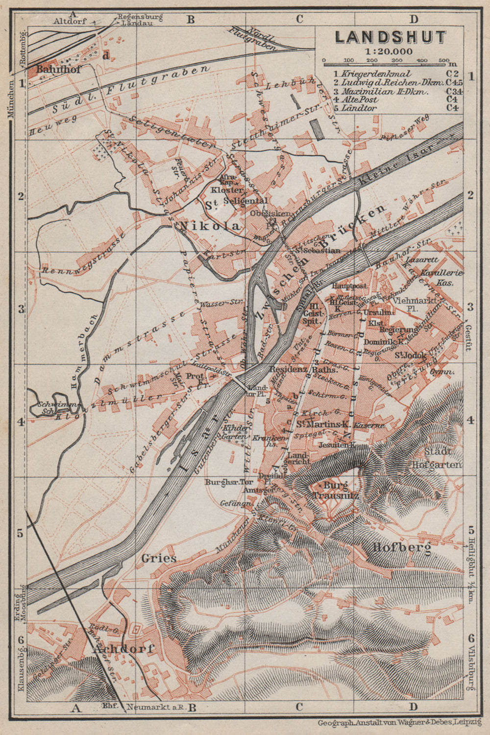 LANDSHUT town city stadtplan. Bavaria. Nikola Hofberg Zwischen Brücken 1910 map