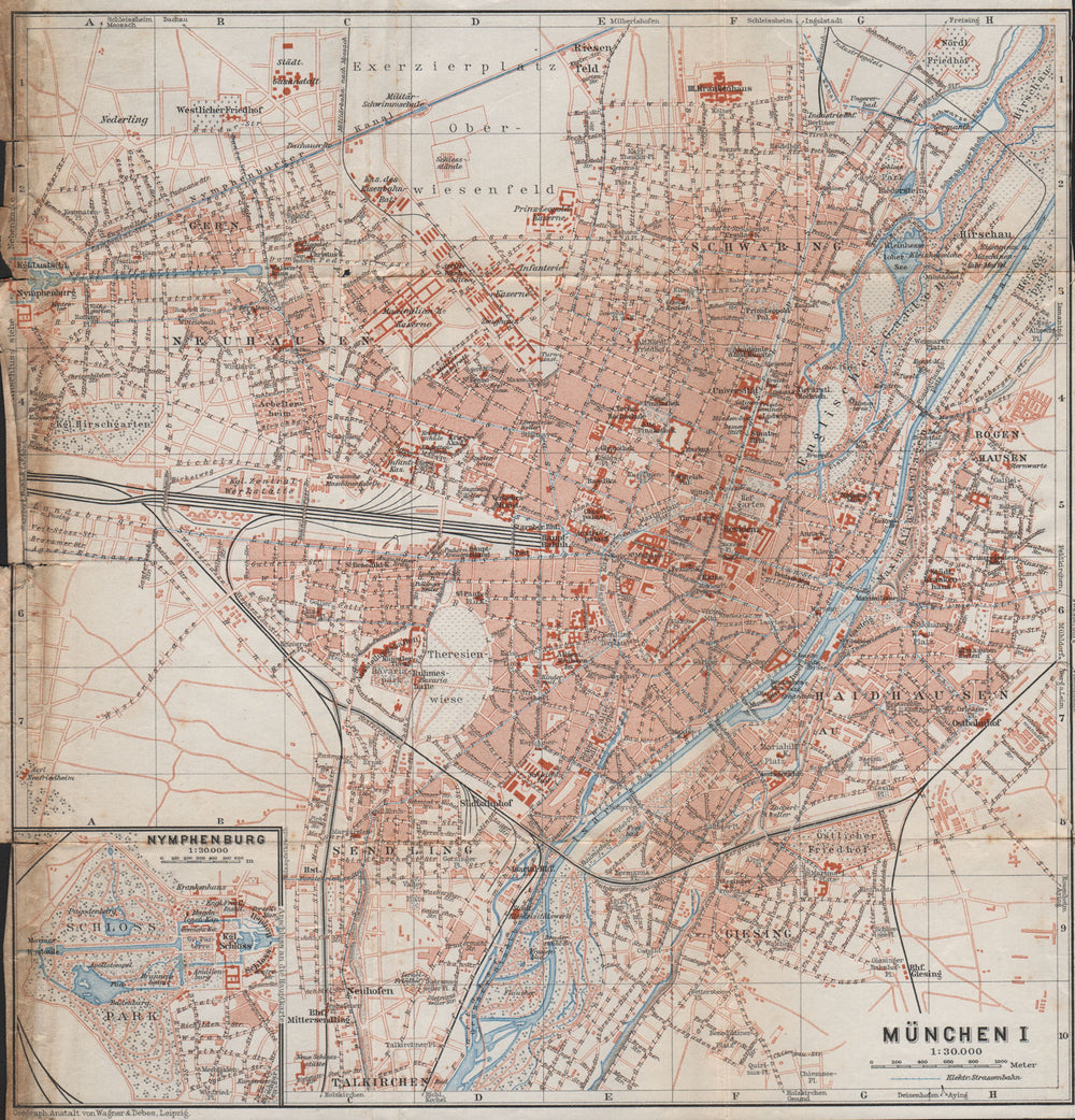MÜNCHEN (MUNICH) town city stadtplan I. Munchen Nymphenburg. Bavaria 1910 map