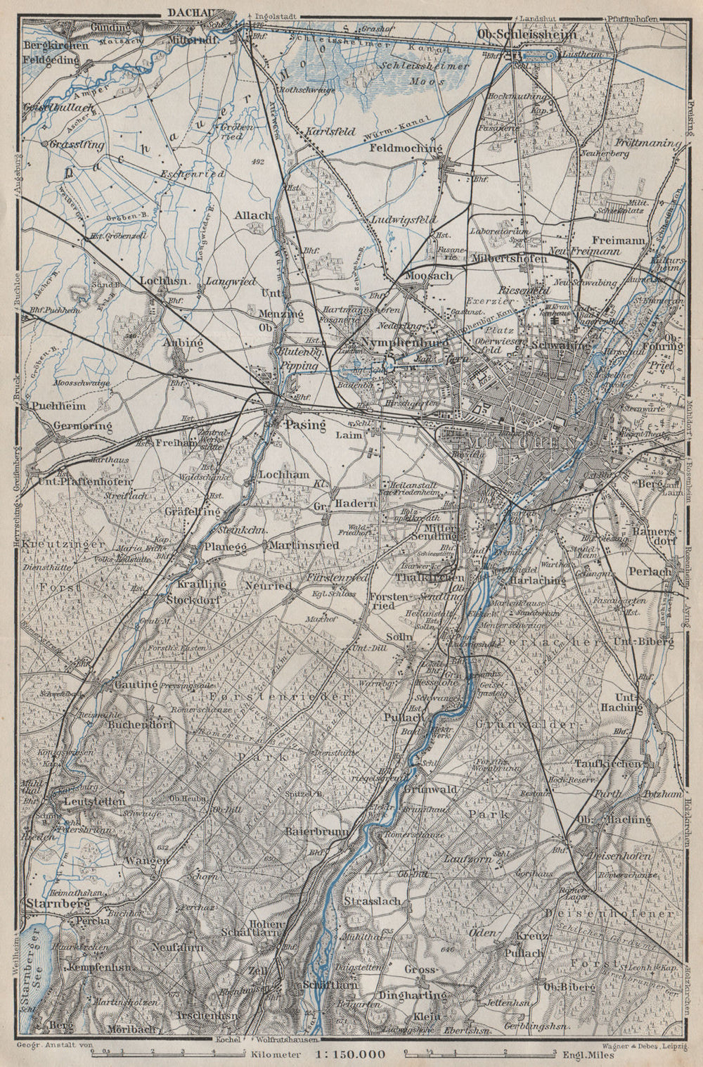 MÜNCHEN MUNICH environs/umgebung. Pasing Dachau. Forstenrieder Baier 1910 map