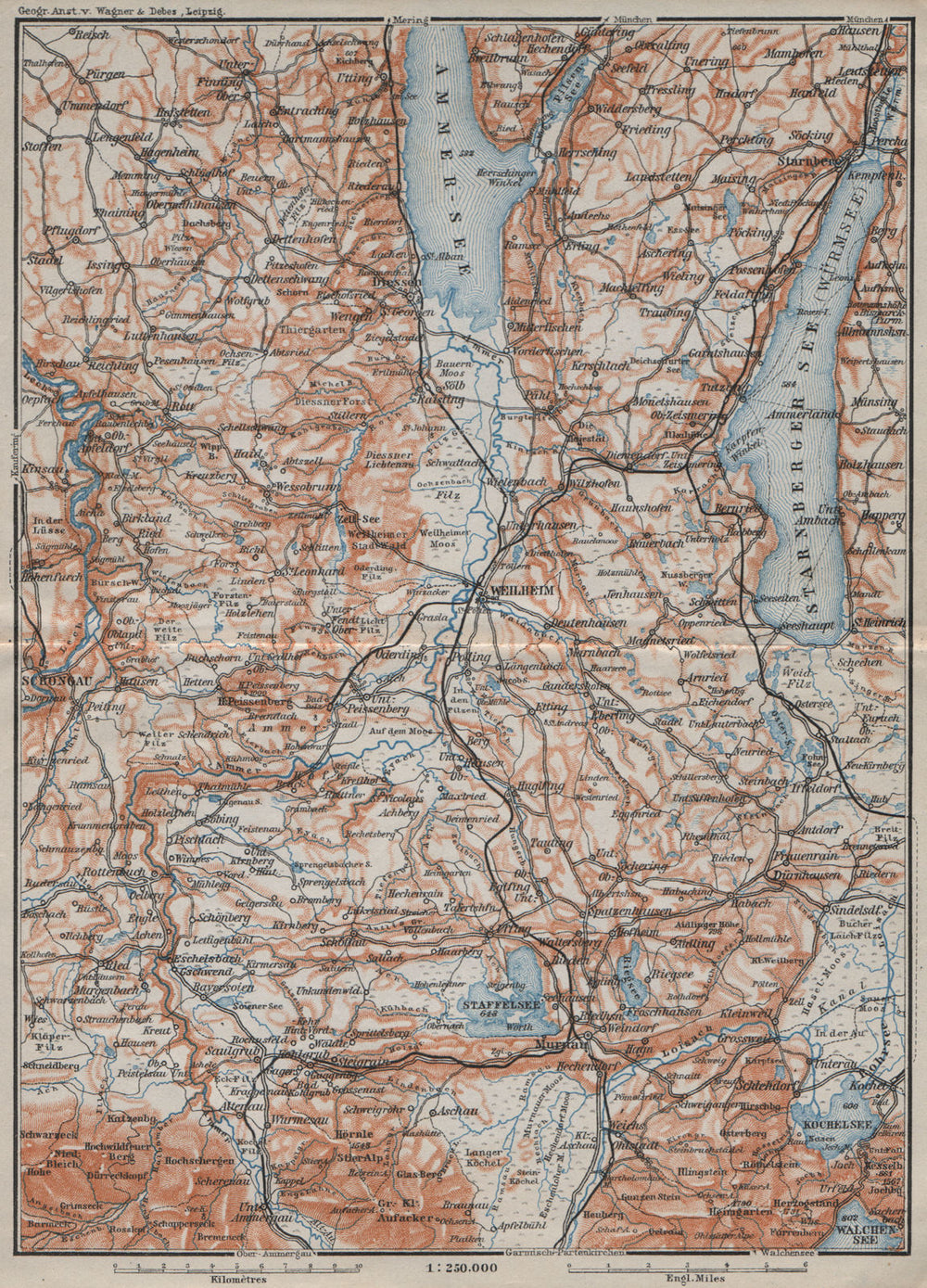 STARNBERGERSEE & AMMERSEE. Weilheim Schongau Murnau Starnberg karte 1910 map