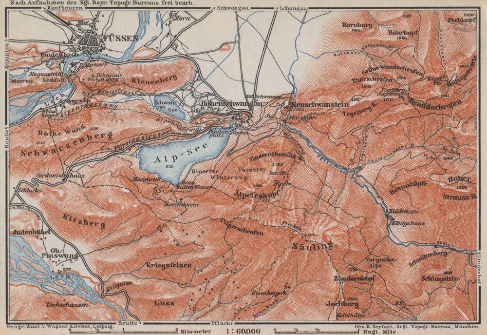 HOHENSCHWANGAU  & FÜSSEN environs. Alpsee Deutschland Österreich karte 1910 map