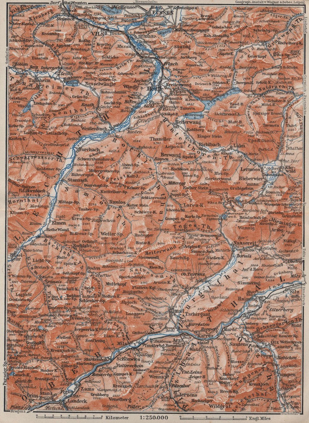 LECHQUELLENGEBIRGE range. Reutte Imst Füssen Lechtal Oberinntal karte 1910 map