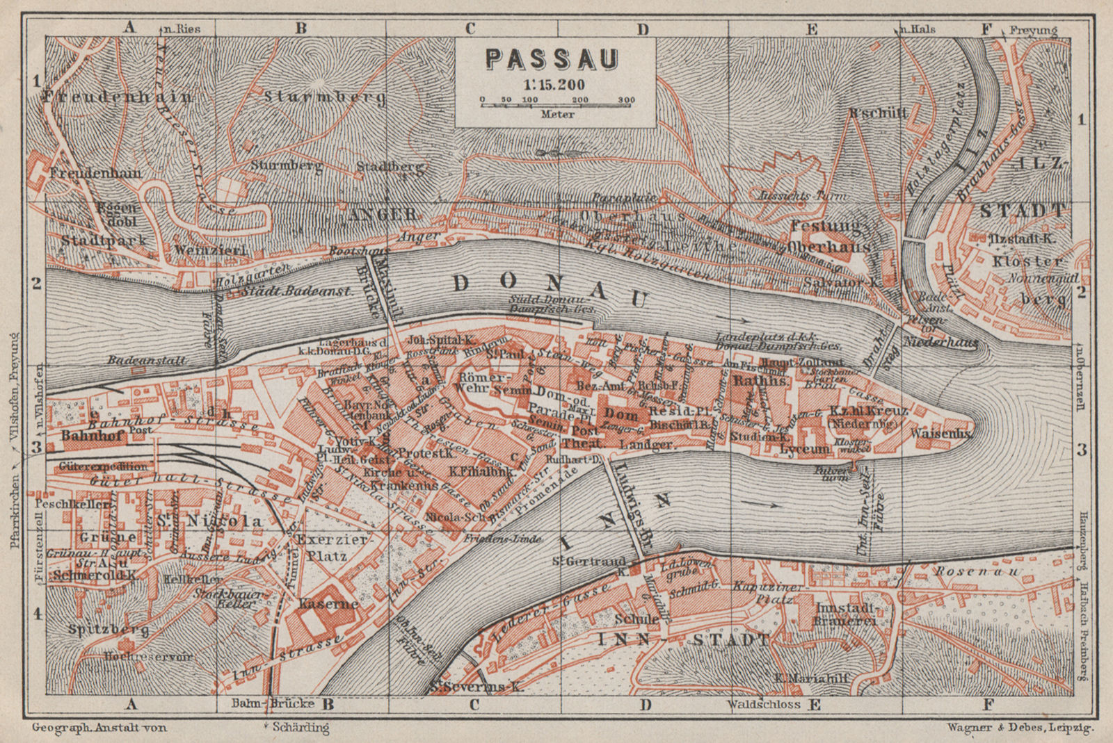 PASSAU town city plan stadtplan. Inn Donau/Danube. Germany Deutschland ...