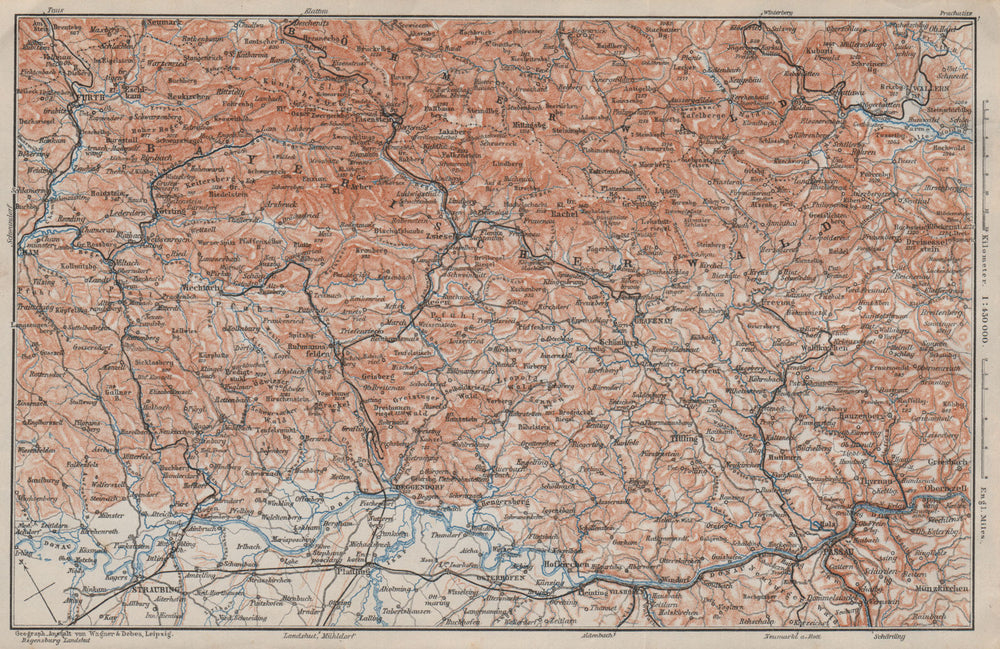 BAYRISCHERWALD. Bavarian Forest Cham Passau Böhmerwald karte. BAEDEKER 1910 map