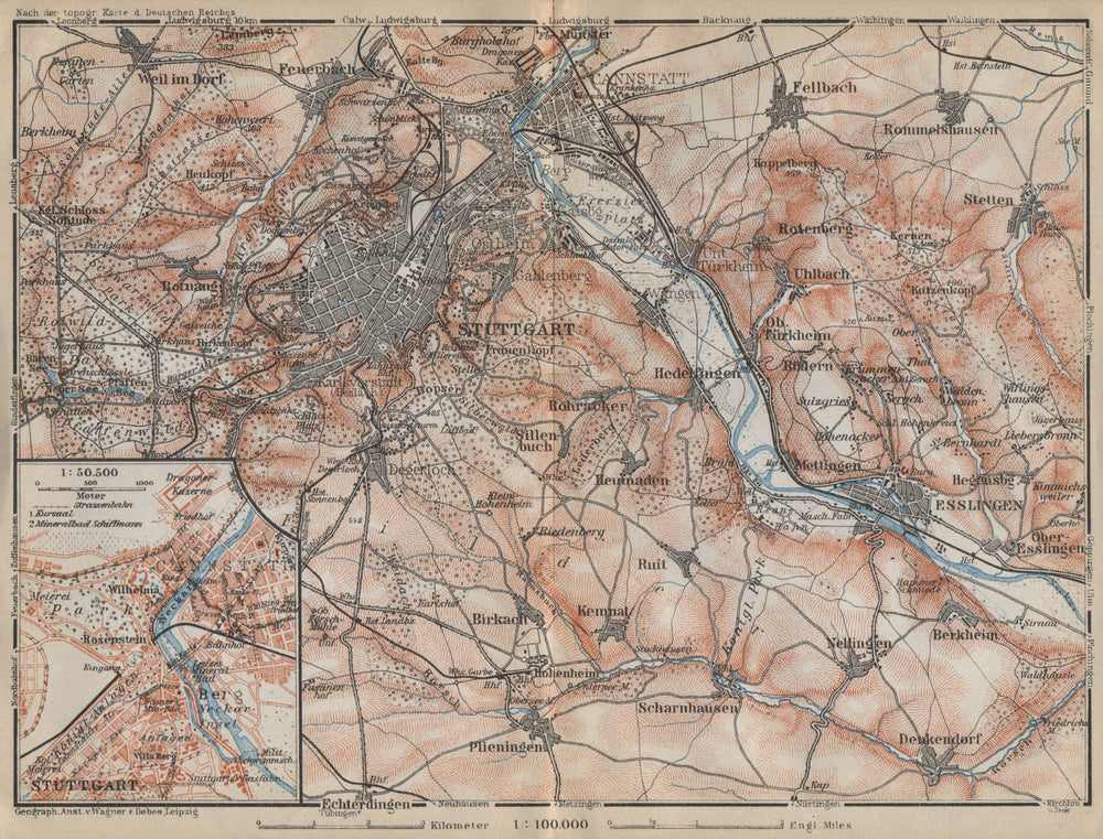 STUTTGART environs/umgebung.Cannstatt Esslingen Fellbach Hommelshausen 1914 map