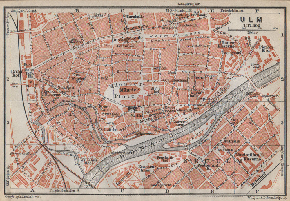 ULM antique town city stadtplan. Baden-Württemberg karte. BAEDEKER 1914 map
