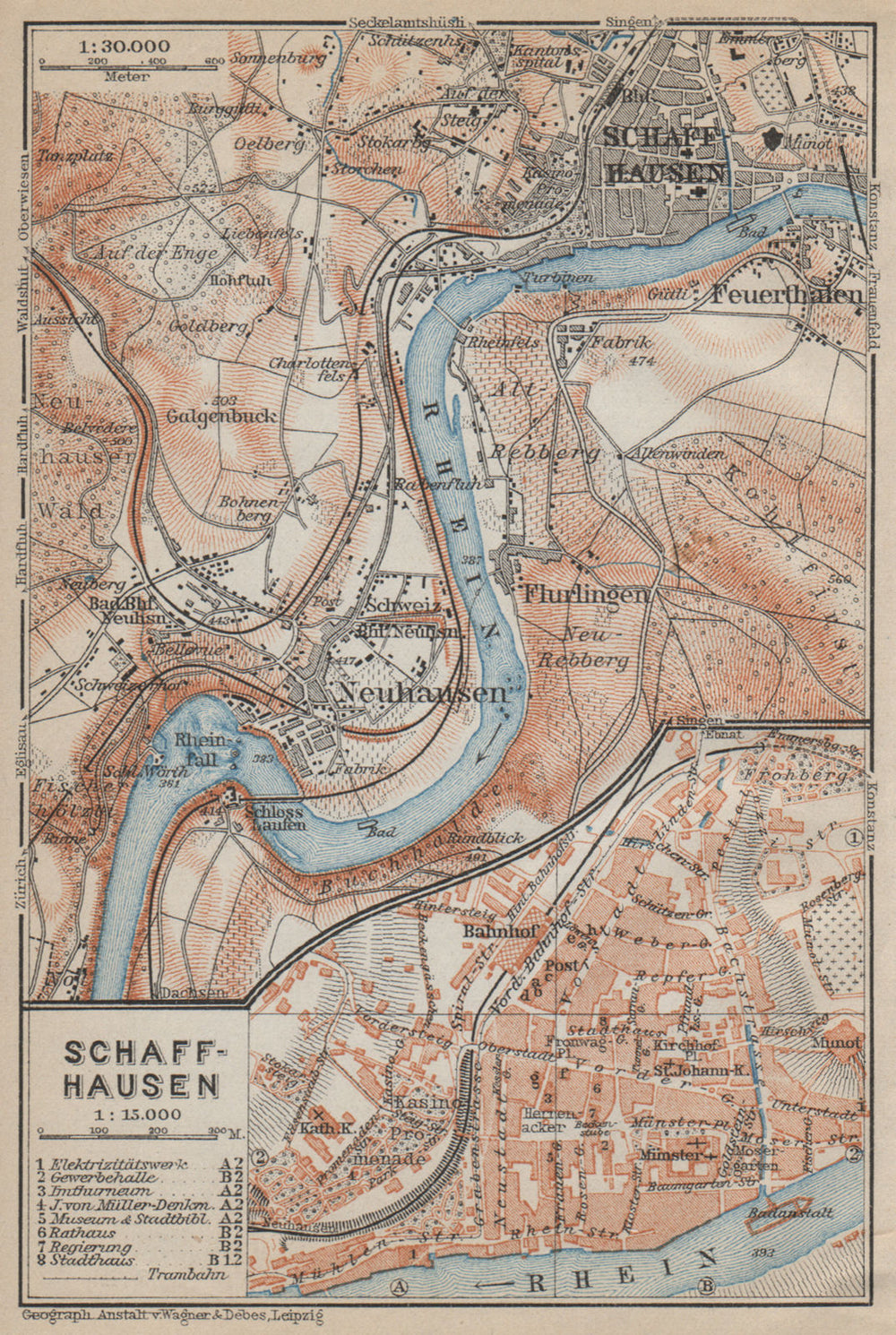 SCHAFFHAUSEN town city stadtplan & umgebung. Rheinfall. Rhine falls 1914 map