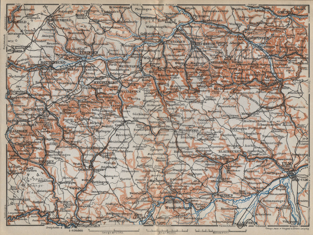 SCHWÄBISCHE ALB. Swabian Jura topo-map. Ulm Rottenburg Gmünd Kirchheim 1914