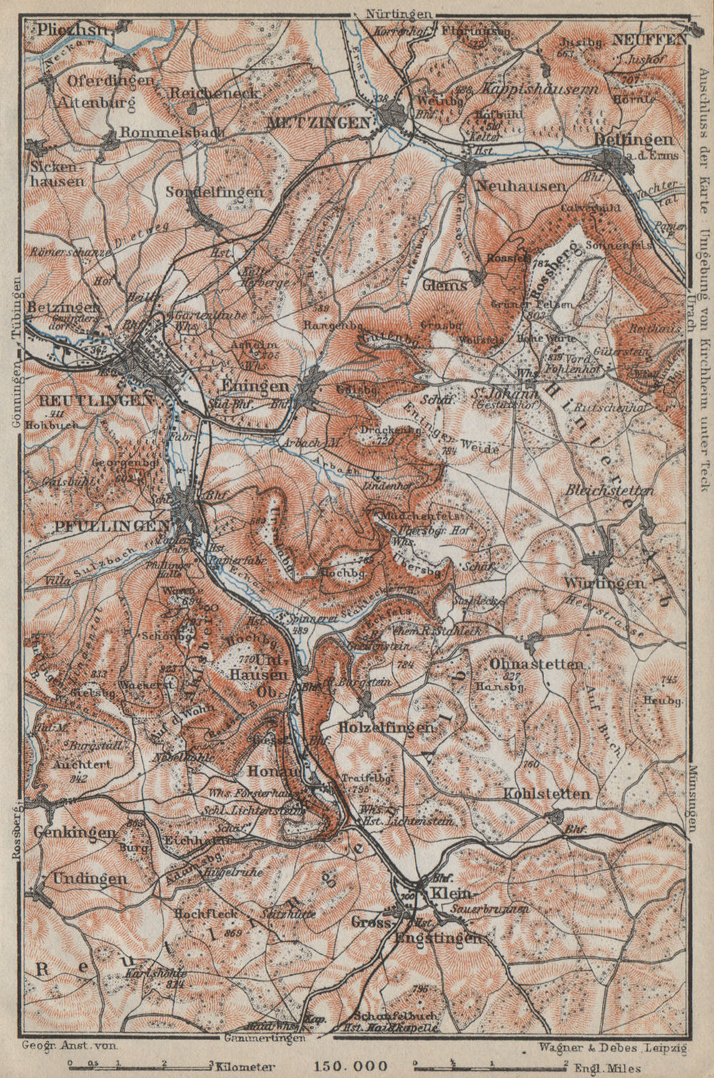 REUTLINGEN Metzingen Pfullingen. Schwäbische Alb. Swabian Jura karte 1914 map