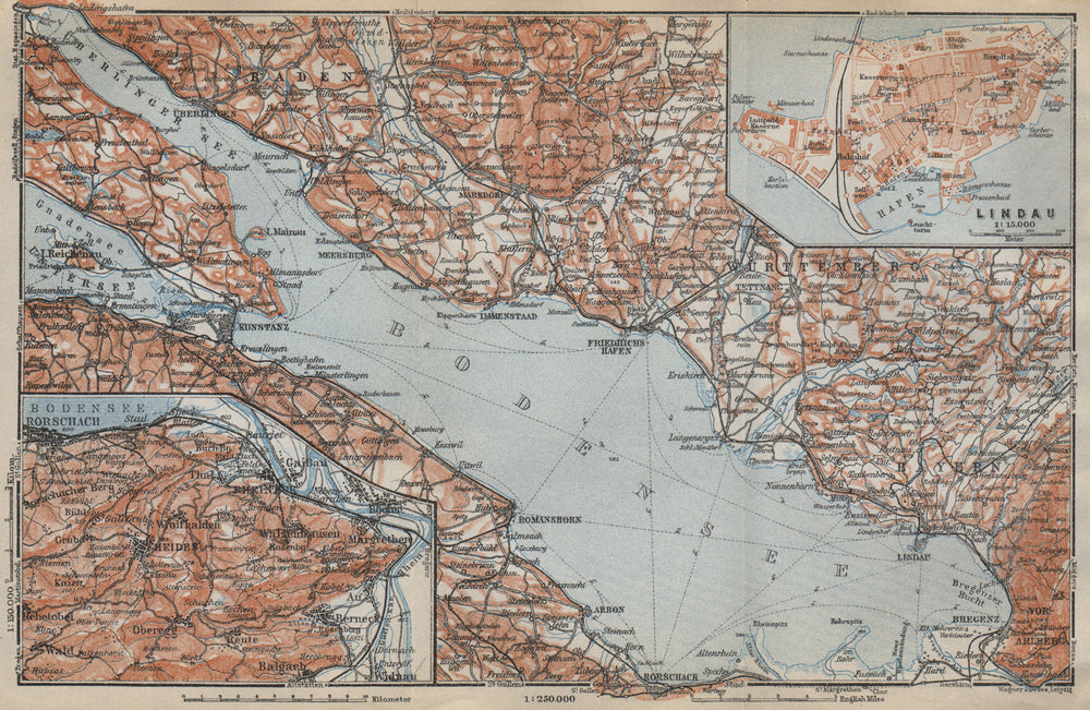 LAKE CONSTANCE inset LINDAU. Konstanz St Gallen Bregenz. Topo-map 1914 old