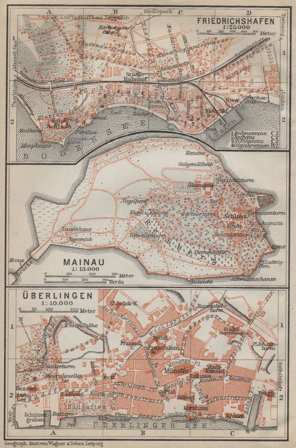 BODENSEE LAKE CONSTANCE Friedrichshafen Mainau Überlingen stadtplan 1914 map