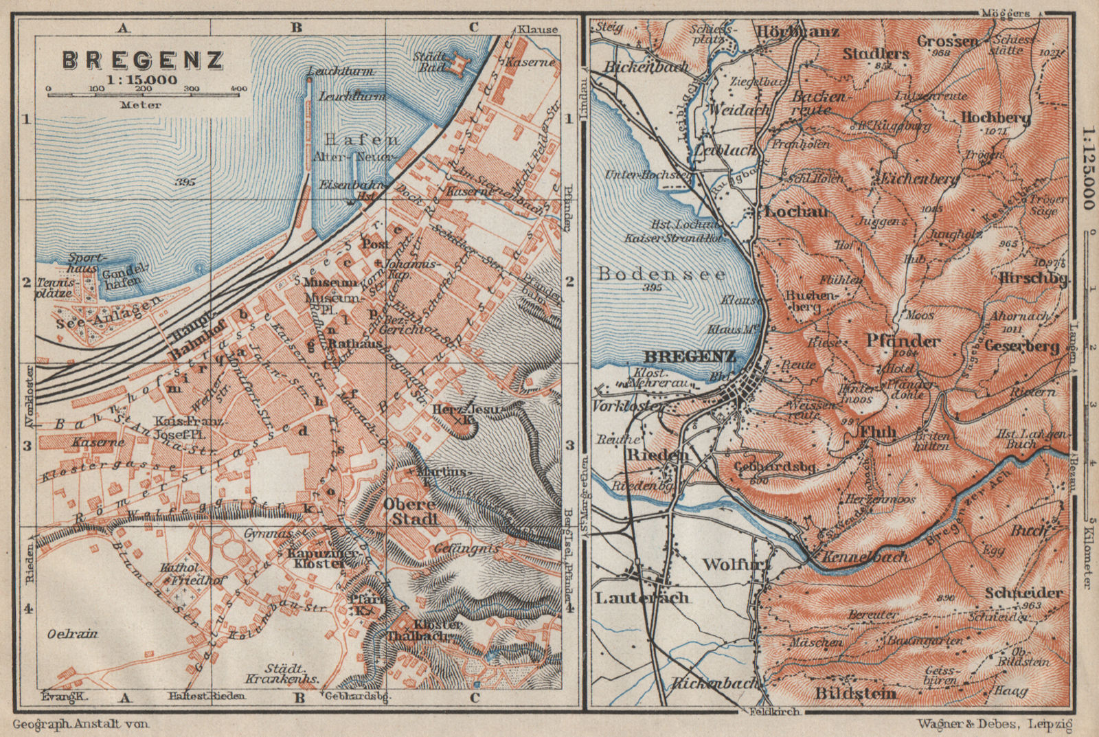 BREGENZ town city stadtplan and environs. Österreich Austria karte 1914 ...