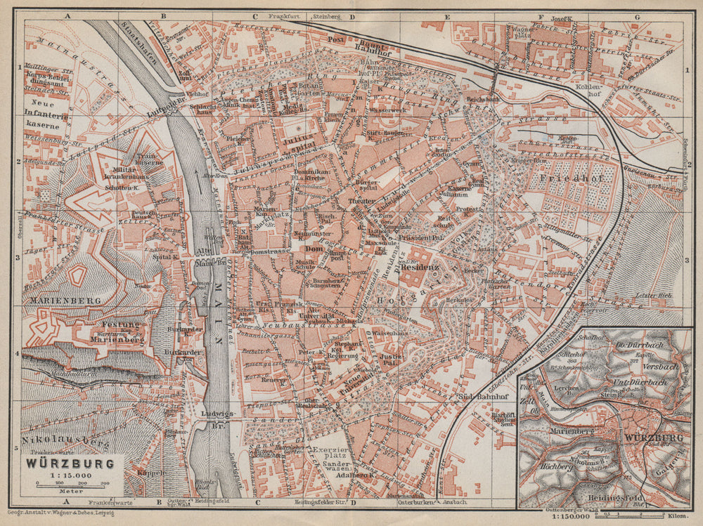 WÜRZBURG town city stadtplan & umgebung/environs. Wurzburg. Bavaria 1914 map