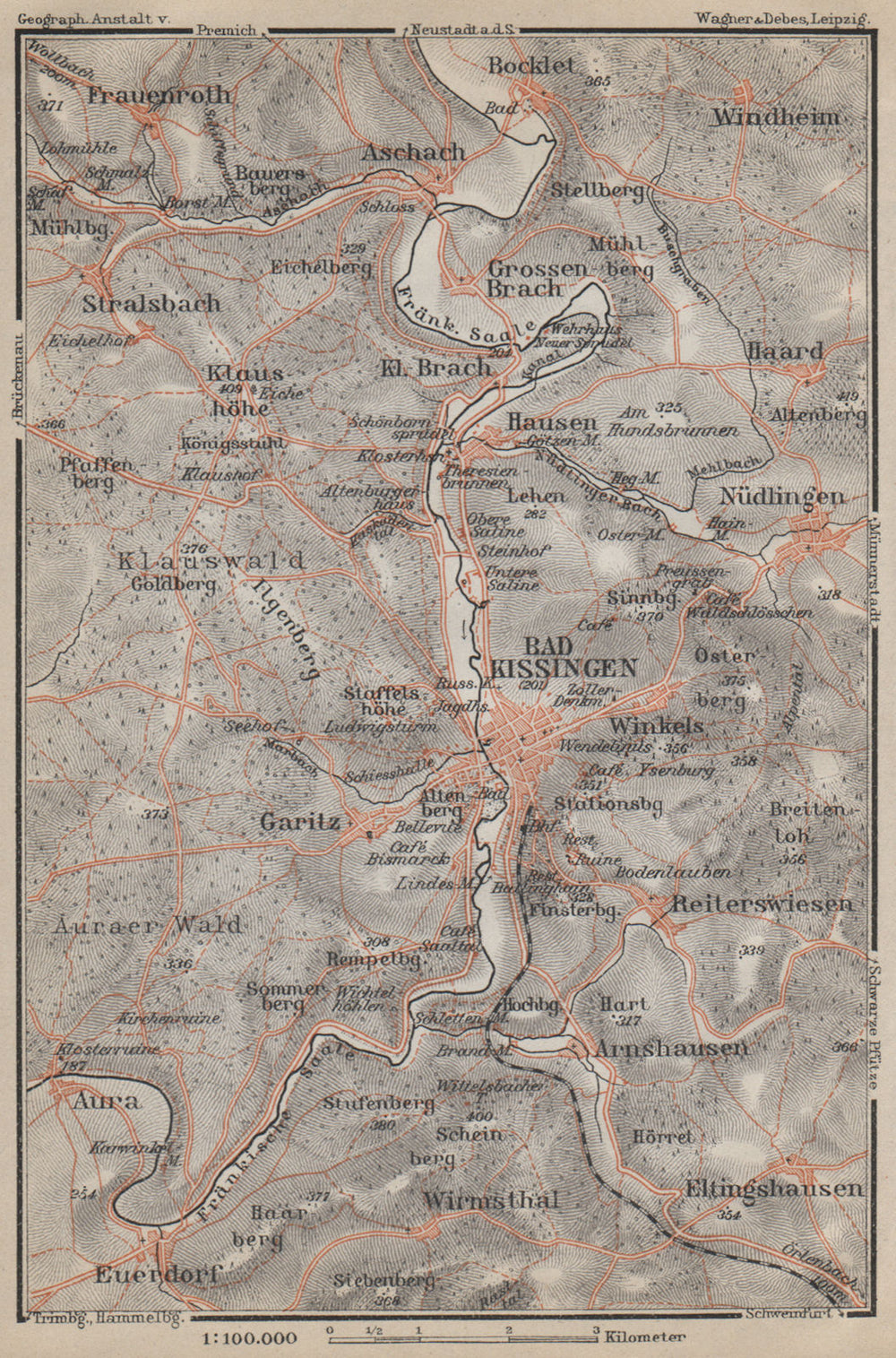 BAD KISSINGEN & umgebung. Nüdlingen Eltinghausen Euerdorf Bocklet 1914 old map