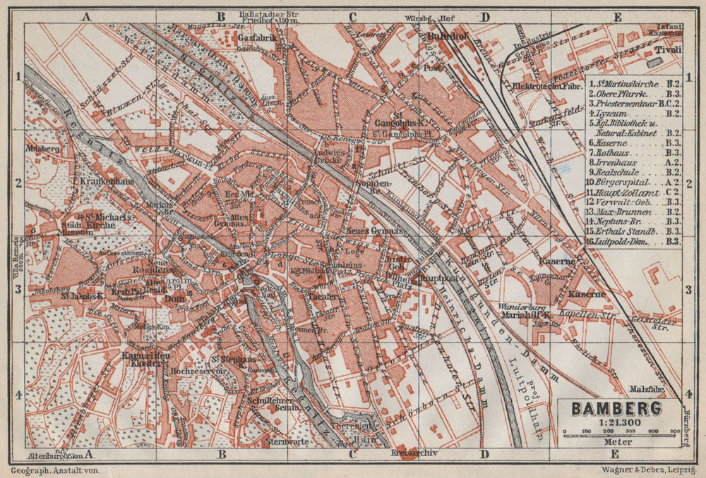 BAMBERG antique town city stadtplan. Bavaria karte. BAEDEKER 1914 old map