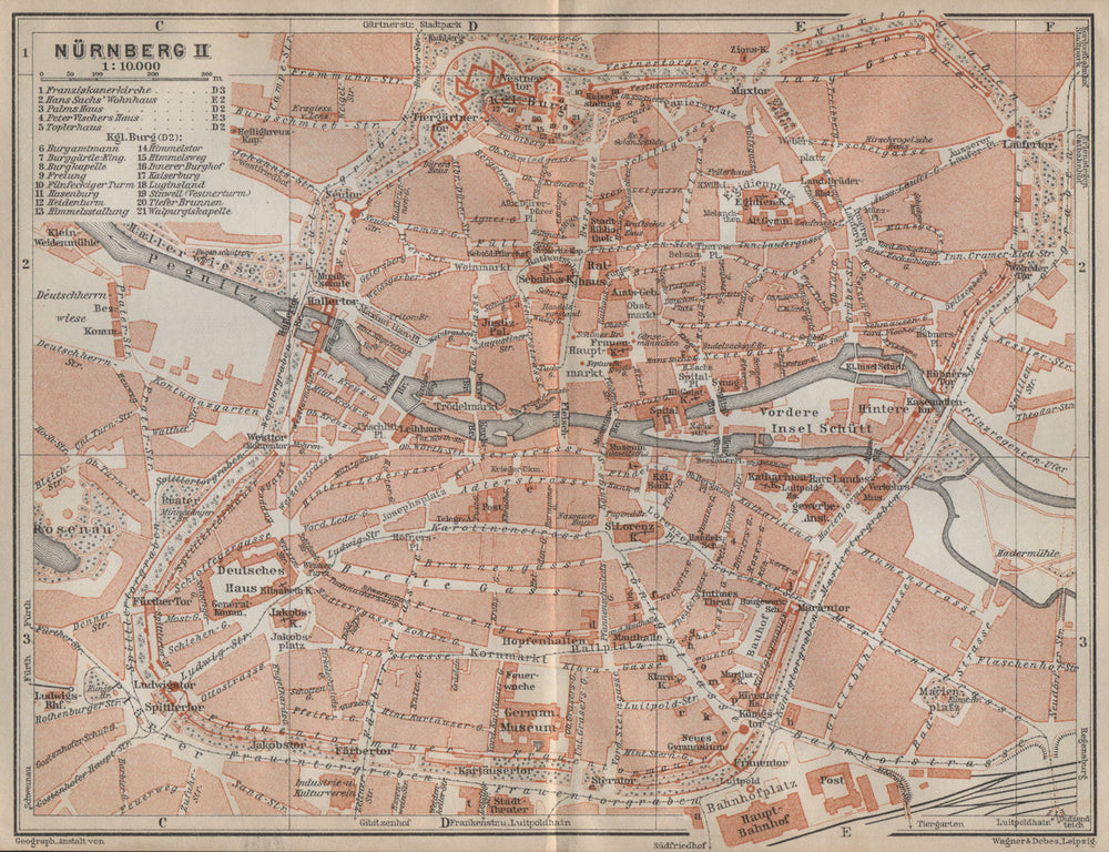 NÜRNBERG town city centre/innere stadtplan. Nuremberg. Bavaria karte 1914 map