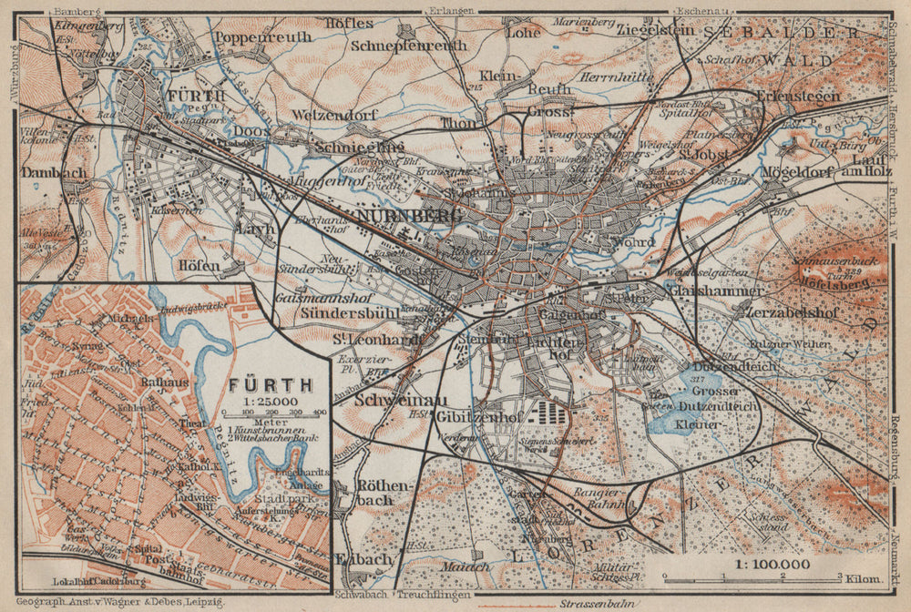NÜREMBURG (NURNBERG) & FÜRTH town city stadtplan. Bavaria karte 1914 old map