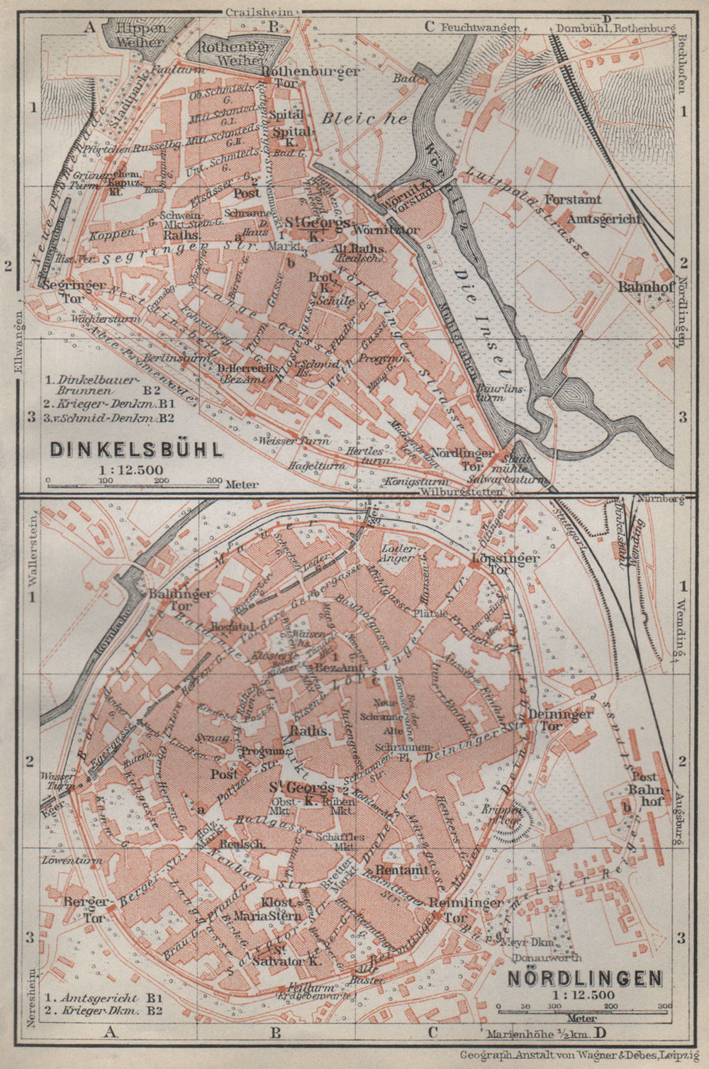 DINKELSBÜHL & NÖRDLINGEN antique town city stadtplan. Bavaria karte 1914 map