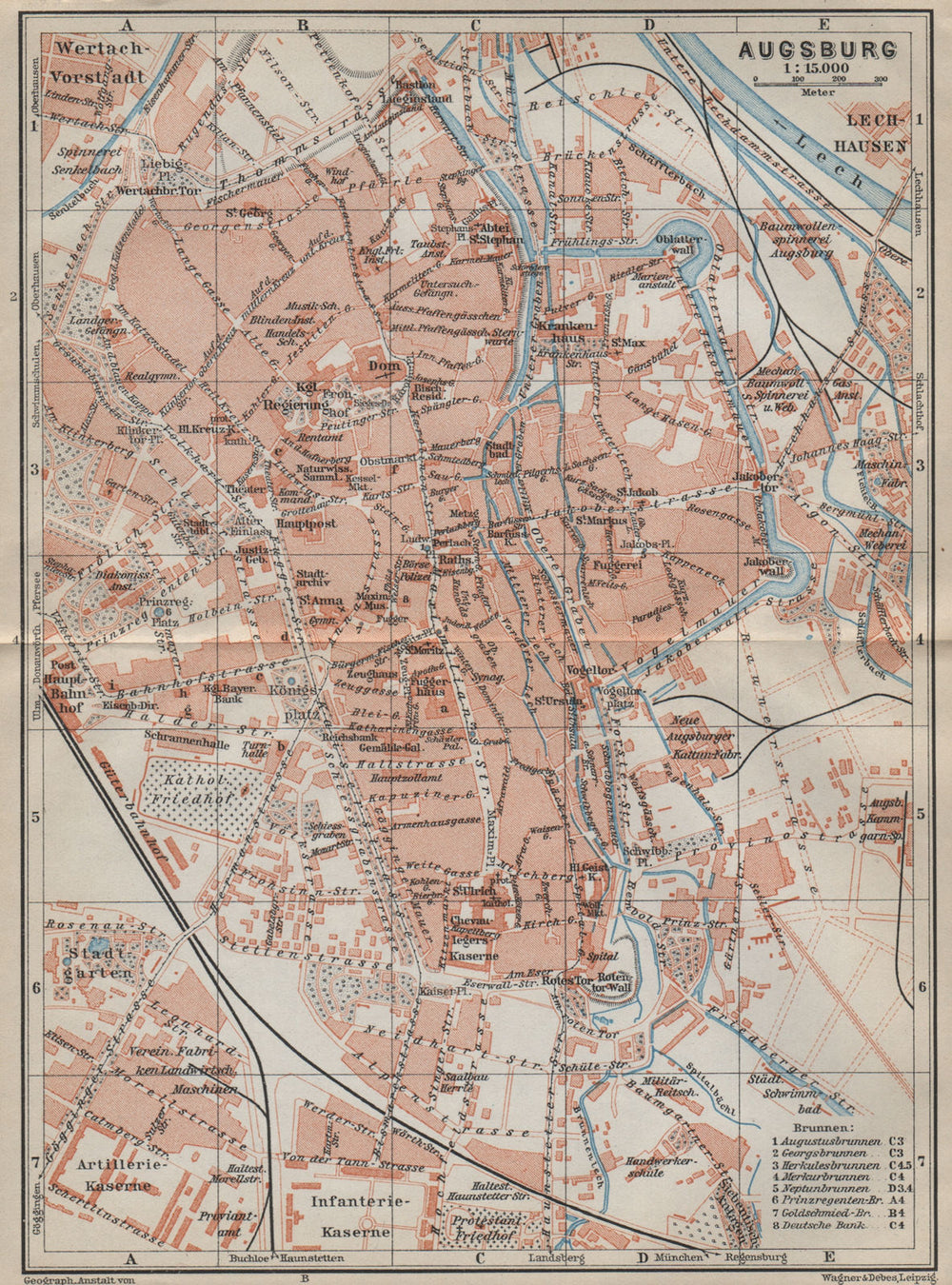 AUGSBURG antique town city stadtplan. Bavaria karte. BAEDEKER 1914 old map