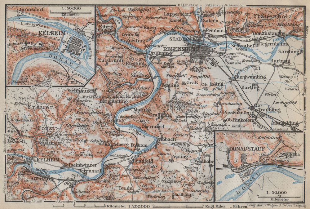 REGENSBURG & environs/umgebung. Kelheim Donaustauf. Ratisbon. Bavaria 1914 map