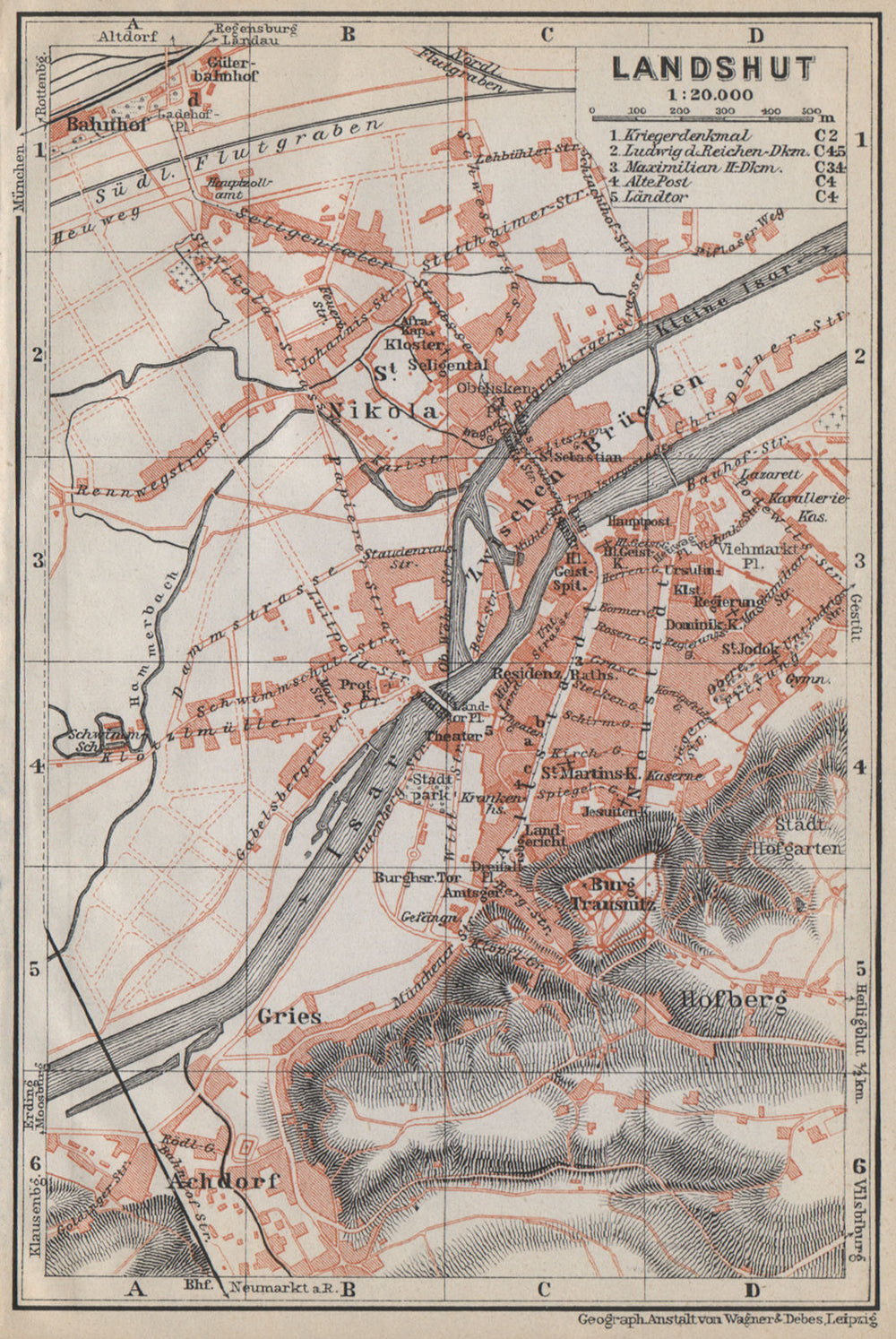 LANDSHUT town city stadtplan. Bavaria. Nikola Hofberg Zwischen Brücken 1914 map