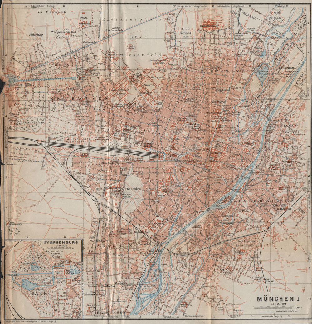 MÜNCHEN (MUNICH) town city stadtplan I. Munchen Nymphenburg. Bavaria 1914 map