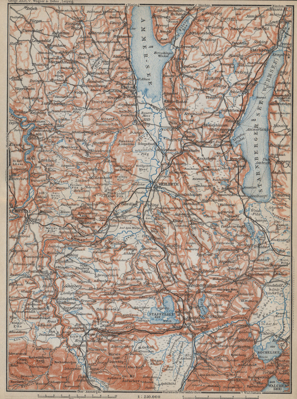 STARNBERGERSEE & AMMERSEE. Weilheim Schongau Murnau Starnberg karte 1914 map