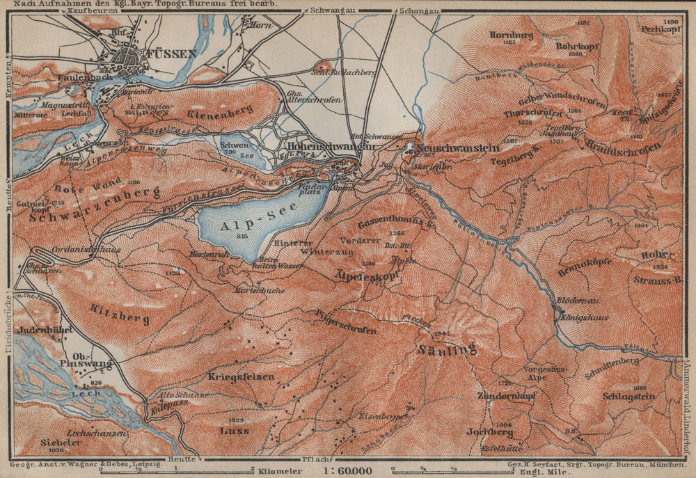 HOHENSCHWANGAU  & FÜSSEN environs. Alpsee Deutschland Österreich karte 1914 map