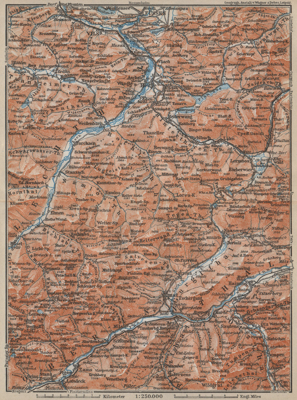 LECHQUELLENGEBIRGE range. Reutte Imst Füssen Lechtal Oberinntal karte 1914 map