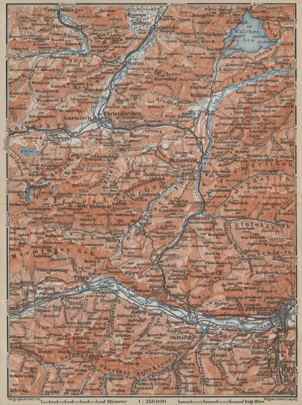 Garmisch-Partenkirchen Mittenwald Innsbruck Inntal Wetterstern Isartal  1914 map