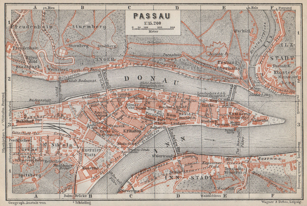 PASSAU town city plan stadtplan. Inn Donau/Danube. Germany Deutschland 1914 map