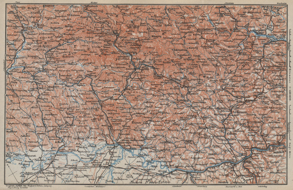 BAYRISCHERWALD. Bavarian Forest Cham Passau Böhmerwald karte. BAEDEKER 1914 map