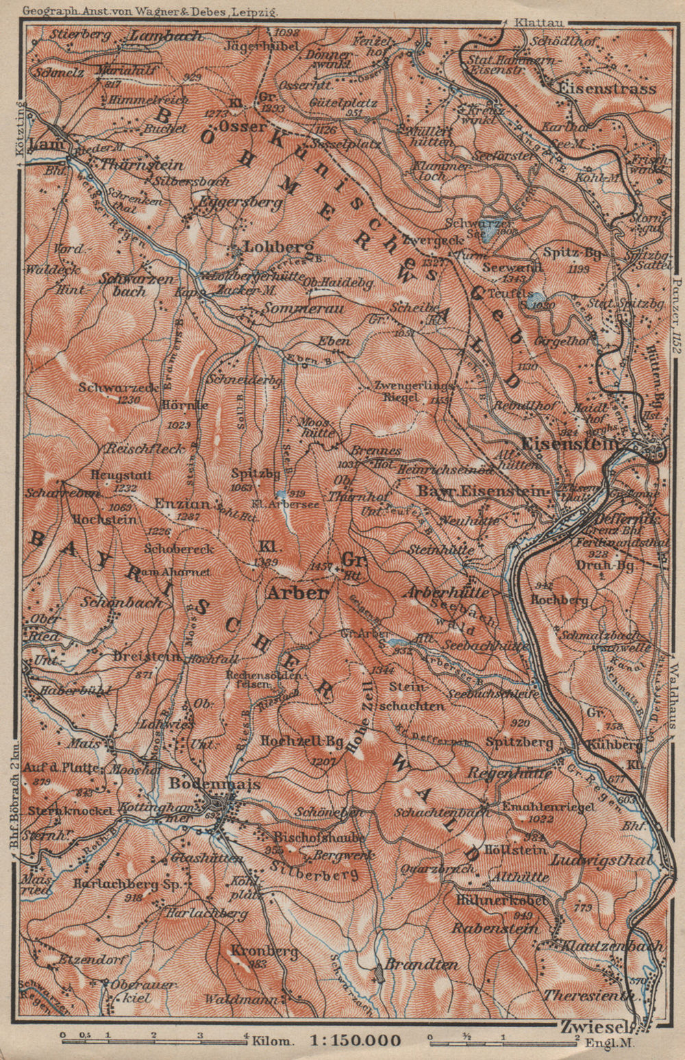 BAVARIAN/BOHEMIAN FOREST Bayrischer/Böhmerwald. Bodenmais Zelezna Ruda 1914 map