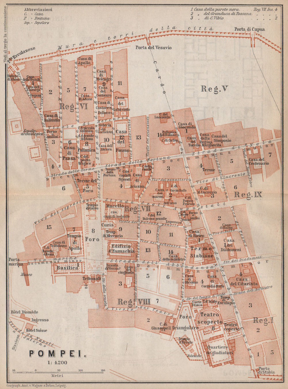 POMPEII antique town city plan piano urbanistico (1). Italy mappa 1896 old