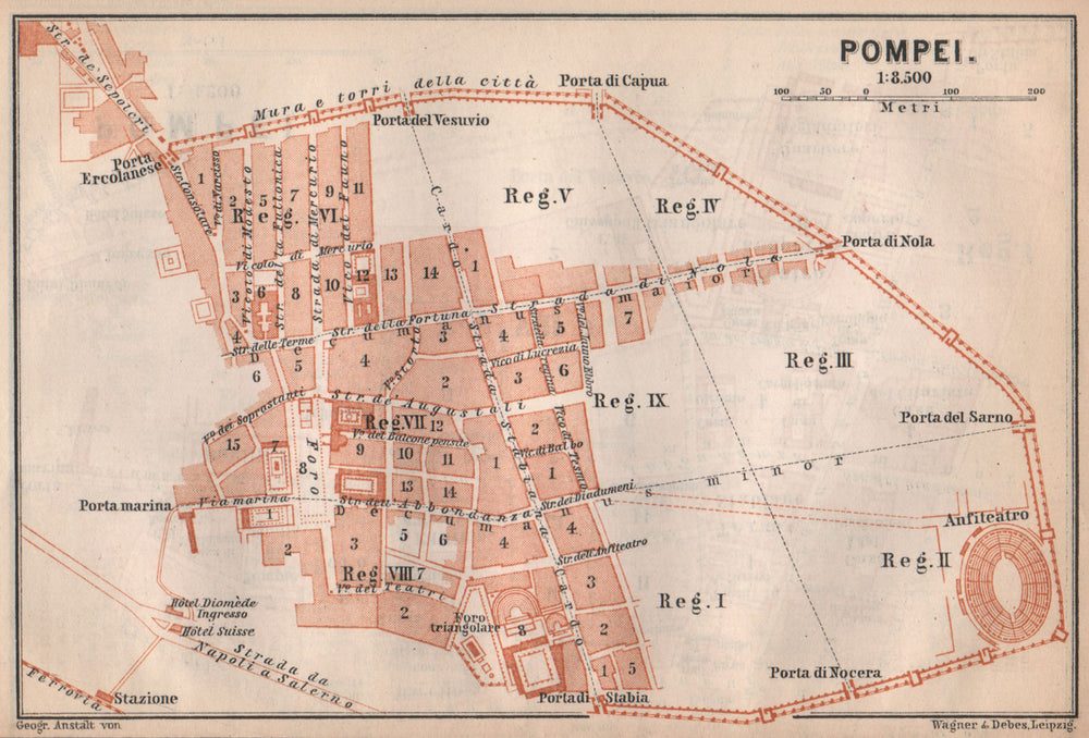 POMPEII antique town city plan piano urbanistico (2). Italy mappa 1896 old