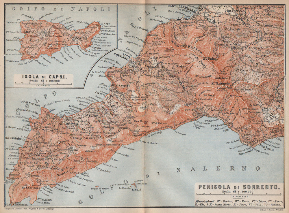 Penisola SORRENTO Peninsula. Castellammare di Stabia Positano Praiano 1896 map