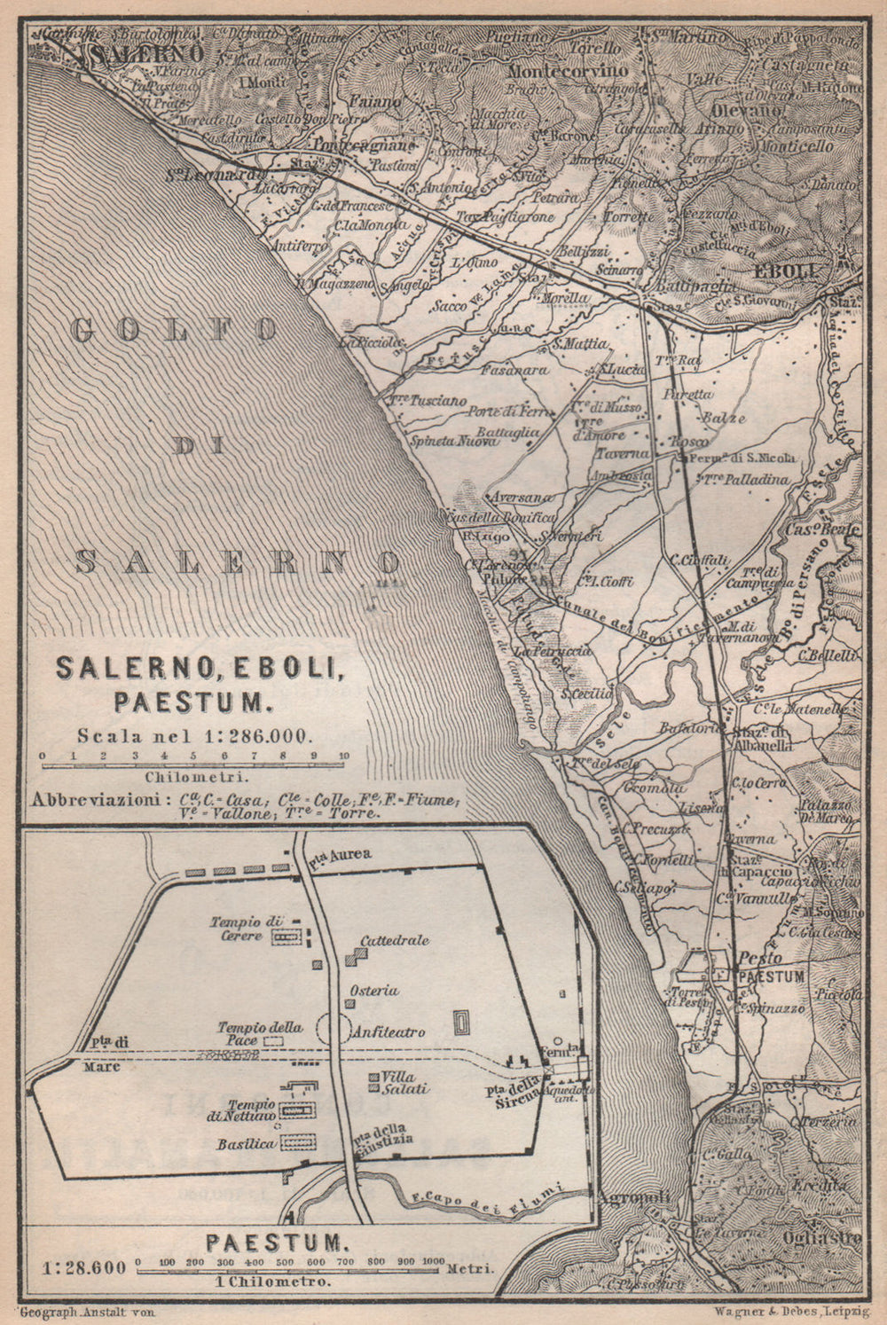 PAESTUM plan. Golfo di Salerno. Battipaglia. Italy mappa. BAEDEKER 1896