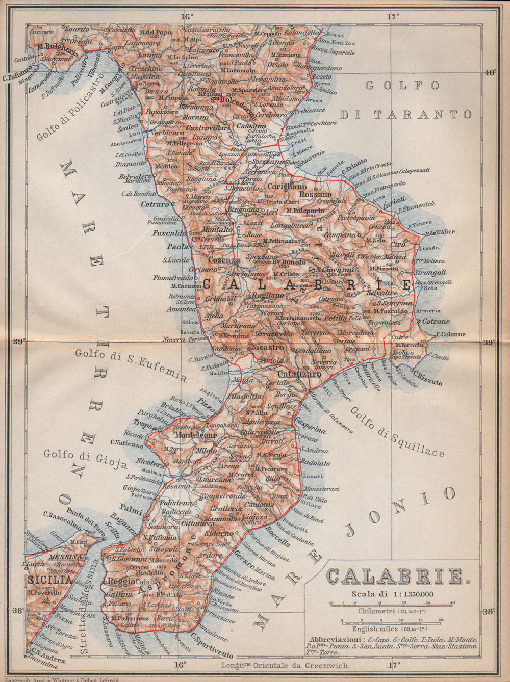 CALABRIA. CALABRIE. General map. Italy mappa. BAEDEKER 1896 old antique