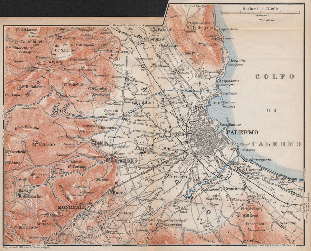 PALERMO environs. La Conca d'Oro. Italy mappa. BAEDEKER 1896 old antique