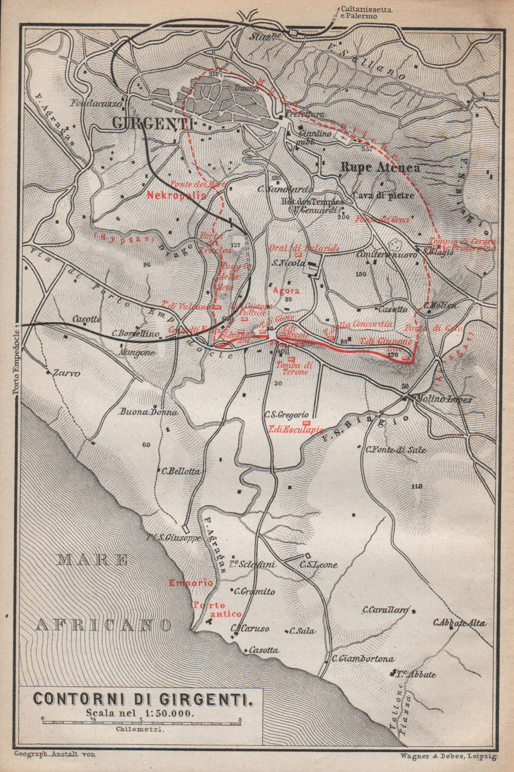 Contorni di AGRIGENTO environs. Girgenti. Italy mappa. BAEDEKER 1896 old