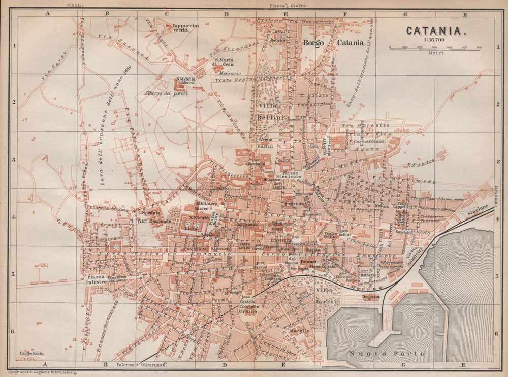 CATANIA antique town city plan piano urbanistico. Italy mappa 1896 old