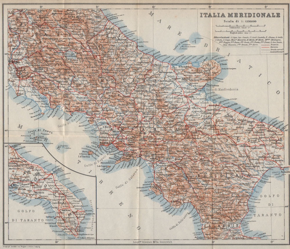 SOUTHERN ITALY. ITALIA MERIDIONALE. Topo-map mappa. BAEDEKER 1912 old