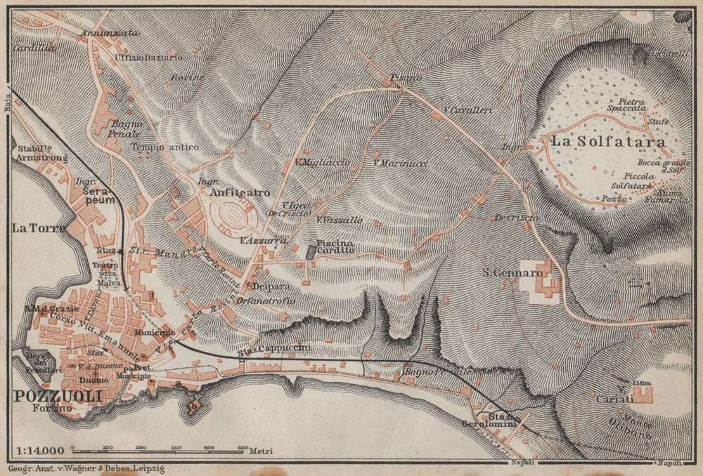 POZZUOLI antique town city plan piano urbanistico. Italy mappa 1912 old