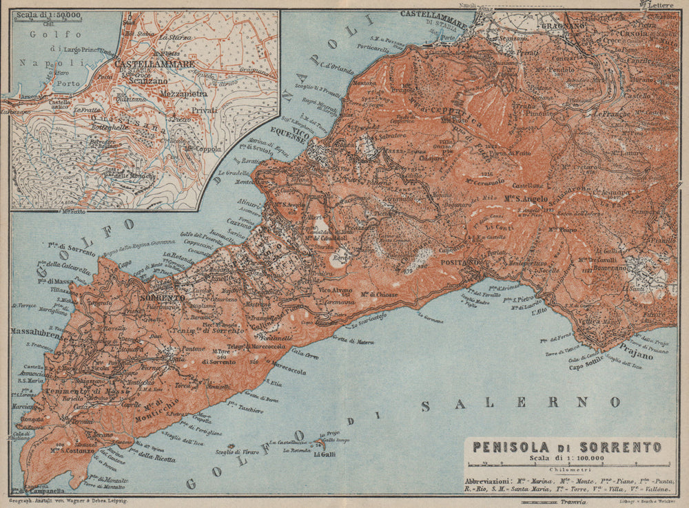 Penisola SORRENTO Peninsula. Castellammare di Stabia Positano Praiano 1912 map