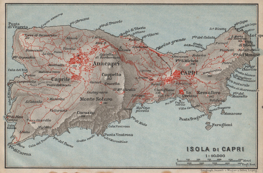 ISOLA DI CAPRI topo-map. Anacapri. Italy mappa. BAEDEKER 1912 old antique