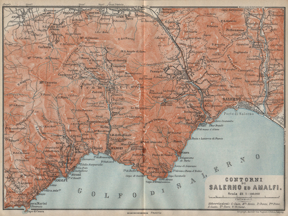 AMALFI COAST Maiori Vietri Cava de'Tirreni Salerno Costiera Amalfitana 1912 map