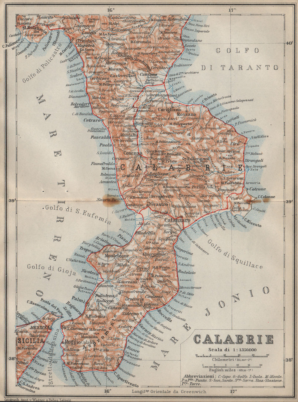 Calabrea Map CALABRIA. CALABRIE. General map. Italy mappa. BAEDEKER 1912 old antique ...